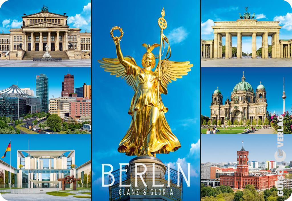 Collage berühmter Berliner Wahrzeichen, darunter das Brandenburger Tor und die Siegessäule, vor einem klaren blauen Himmel.