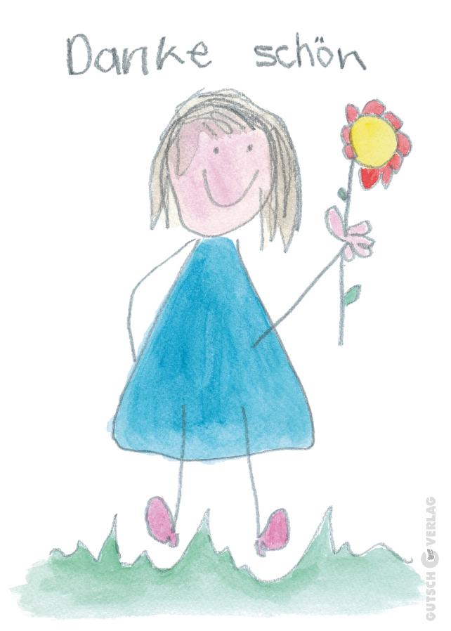 Kinderzeichnung eines lächelnden Mädchens in einem blauen Kleid, das eine Blume hält, mit dem Text „Danke schön“ darüber.