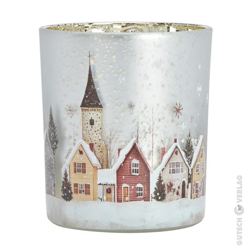 Farbenfrohes Windlicht aus Glas mit Häuser