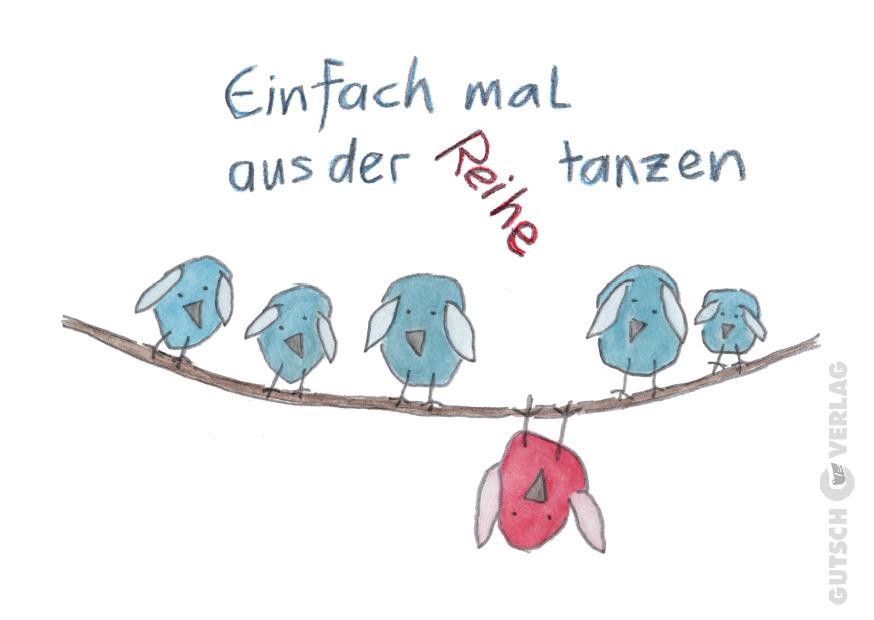 Eine Gruppe Comic-Vögel auf einem Ast, wobei ein Vogel kopfüber hängt, was Individualität und Spaß fördert.