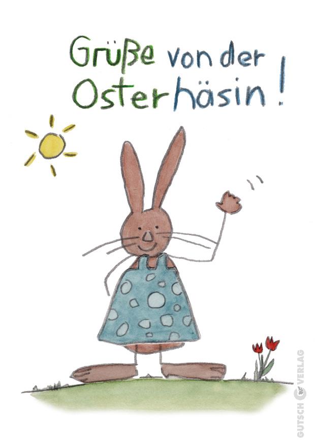 Ein fröhlicher Cartoon-Hase in einem gepunkteten Kleid winkt, mit einer Sonne und Blumen im Hintergrund, und feiert Ostern.