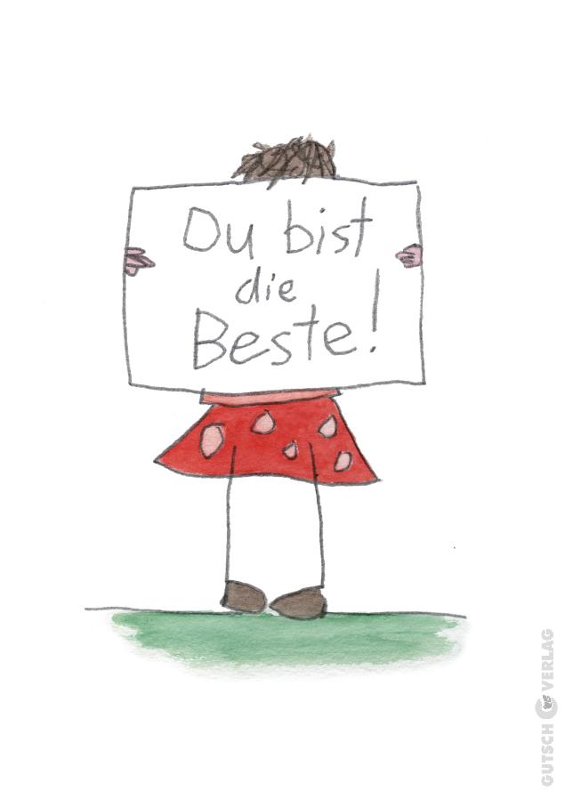 Ein Kind hält ein Schild mit der Aufschrift „Du bist der Beste!“ während sie einen roten Rock mit Tupfen trägt.