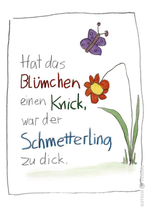 Eine farbenfrohe Illustration mit einer Blume, einem Schmetterling und einem verspielten Text über Natur und Fantasie.
