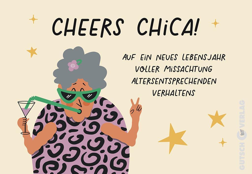 Eine lustige Illustration einer älteren Frau, die mit einem Drink feiert, eine Sonnenbrille und ein gemustertes Outfit trägt.