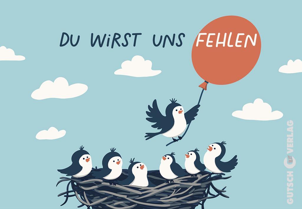 Eine Gruppe Comic-Vögel in einem Nest mit einem Ballon, die die Botschaft übermitteln, dass jemand Besonderes vermisst wird.