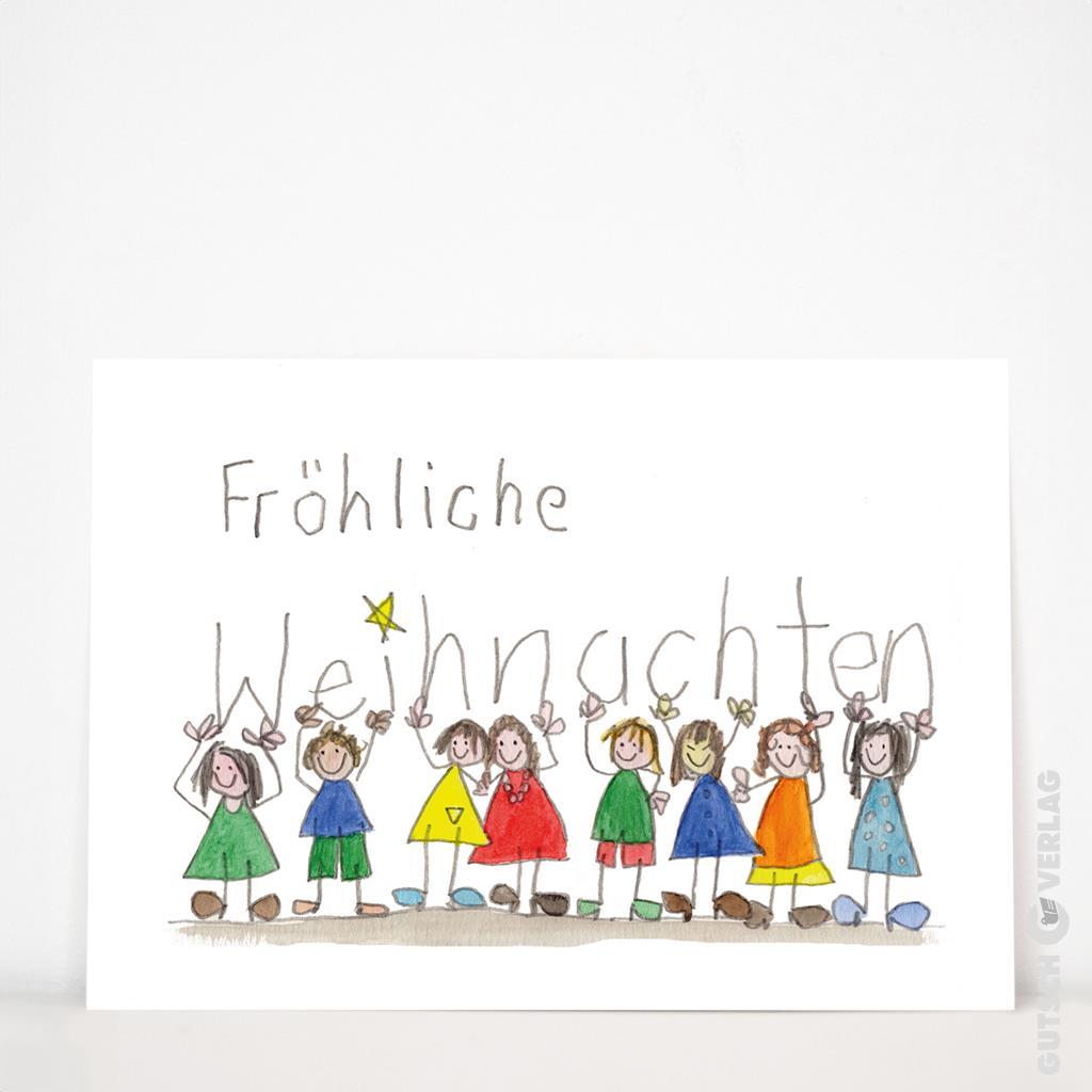 Kinder feiern Weihnachten mit bunten Zeichnungen und dem Text „Fröhliche Weihnachten“ auf einer Karte.