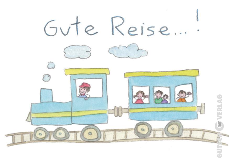 Eine farbenfrohe Zeichnung eines Zuges mit glücklichen Passagieren, Wolken und dem Text „Gute Reise“ darüber.