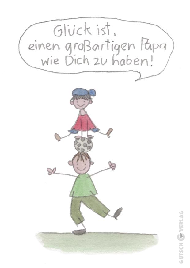 Eine verspielte Illustration eines Kindes, das auf dem Kopf seines Vaters balanciert und seine besondere Bindung feiert.