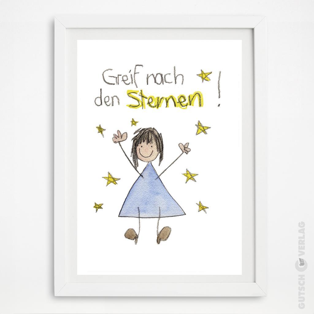 Ein fröhliches Mädchen in einem blauen Kleid, das nach Sternen greift, mit einem motivierenden Satz darüber in verspieltem Stil.