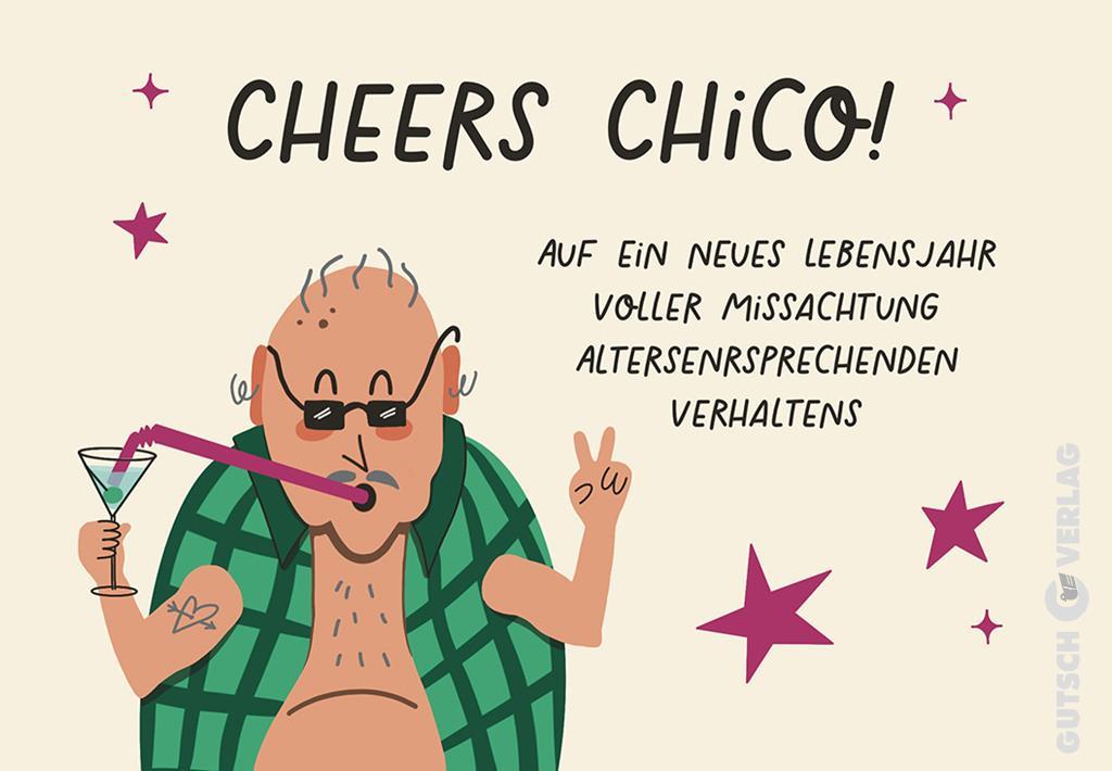 Eine humorvolle Illustration eines älteren Mannes, der mit einem Drink feiert, eine Sonnenbrille und ein grünes Hemd trägt.
