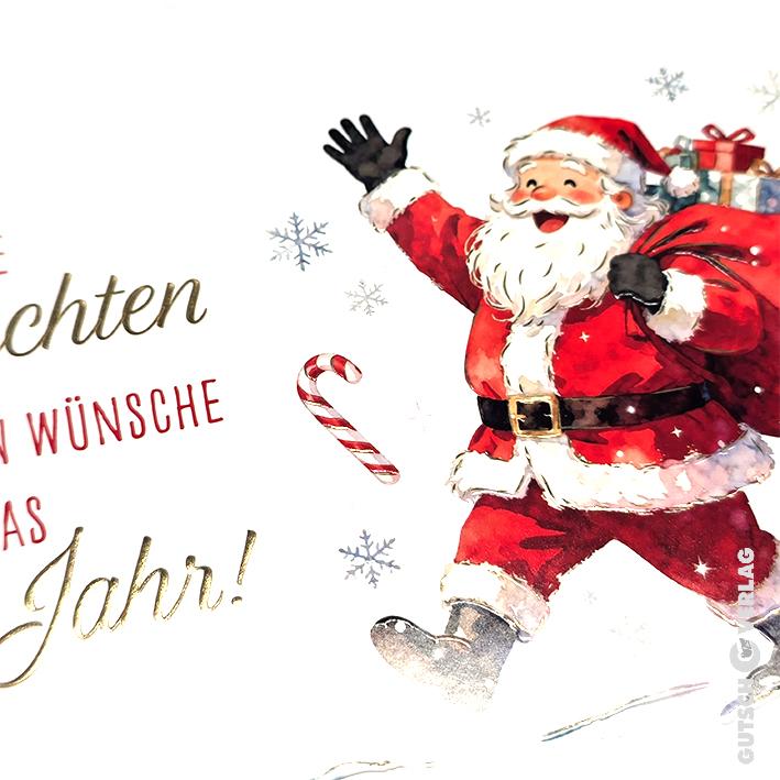 Ein fröhlicher Weihnachtsmann in einem roten Anzug läuft auf Eis, einen Sack voller Geschenke tragend, in der Nähe Schneeflocken und eine Zuckerstange.