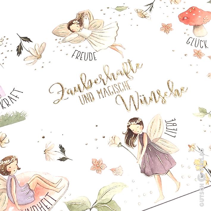 Aquarellillustration von Feen, Blumen und einem Pilz auf weißem Hintergrund mit deutschem Text in goldener Schrift.