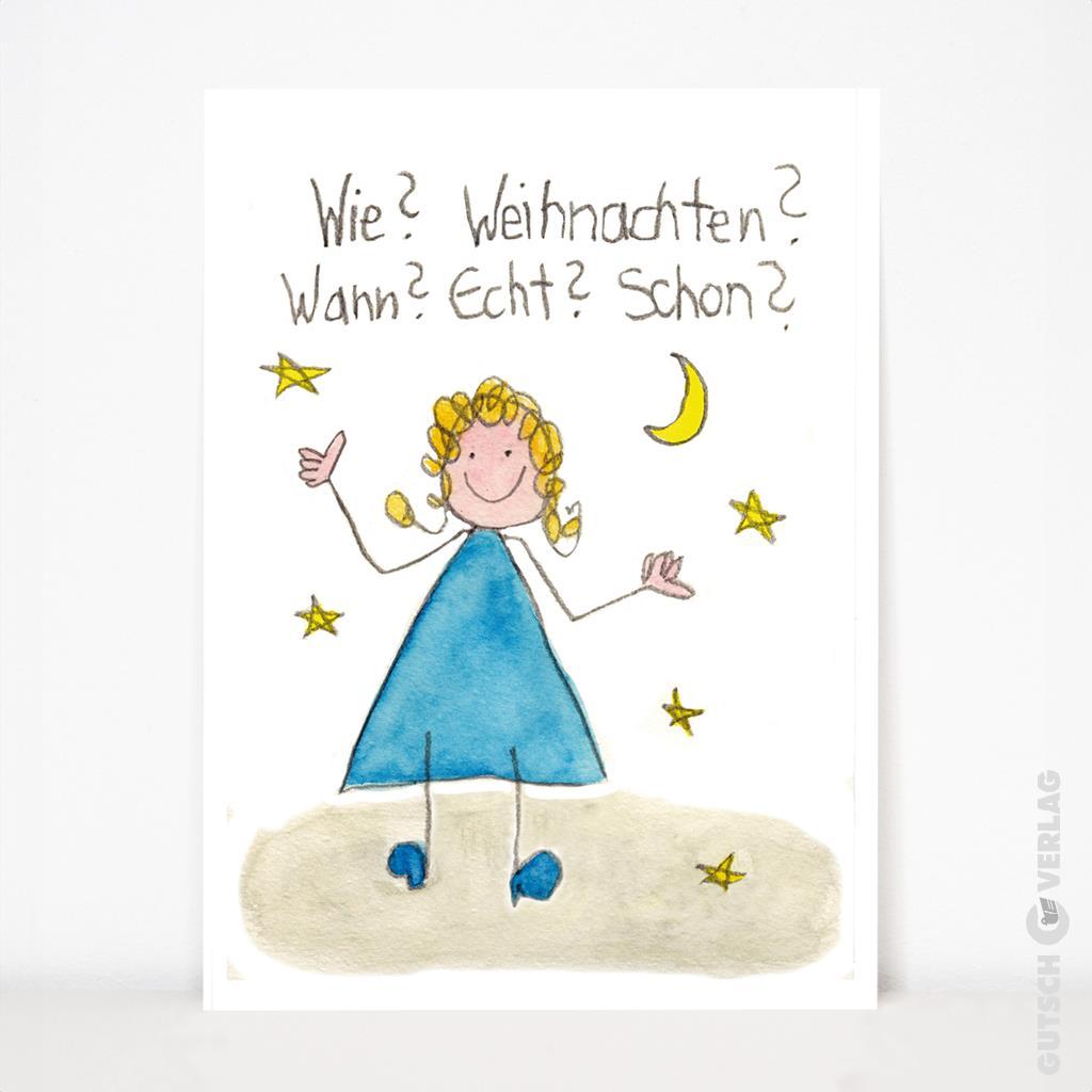 Ein fröhliches Mädchen in einem blauen Kleid, umgeben von Sternen und einer Mondsichel, fragt nach Weihnachten.