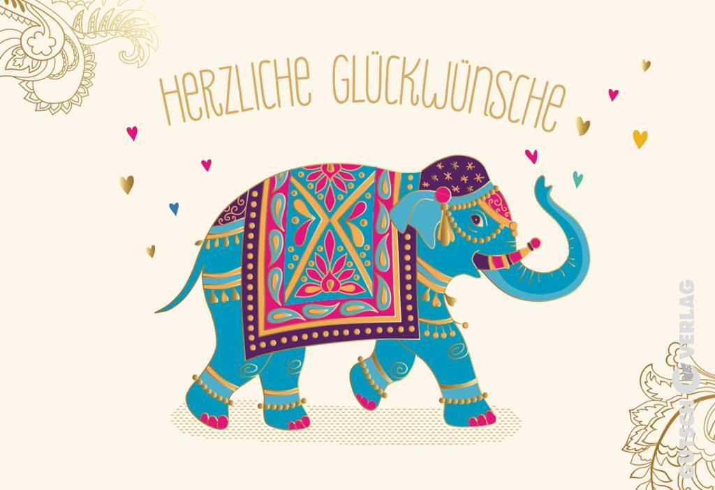 Ein dekorativer blauer Elefant mit bunten Mustern und einer Decke, umgeben von kleinen Herzen auf hellcremefarbenem Hintergrund.