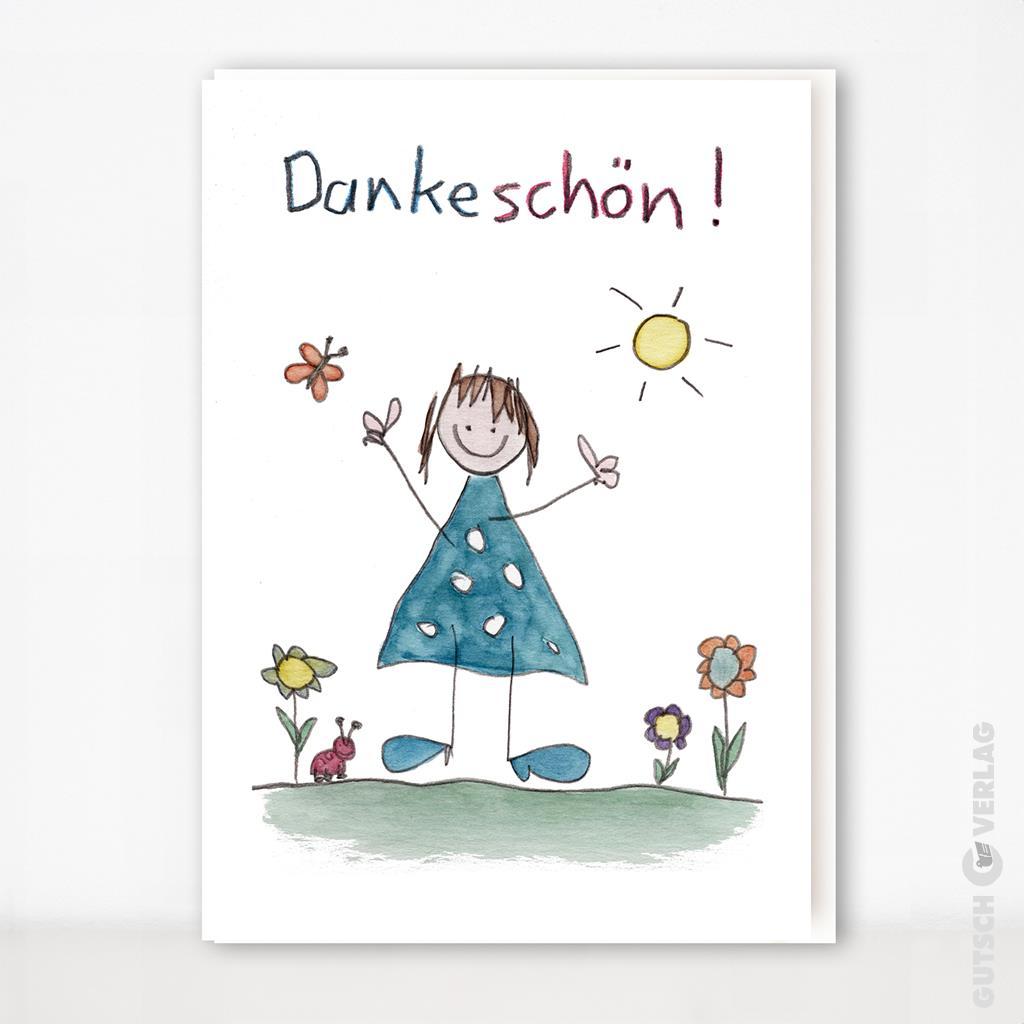 Kinderzeichnung eines Mädchens in einem blauen Kleid mit Blumen, Sonne und dem Wort „Danke schön!“ auf einer Grußkarte.