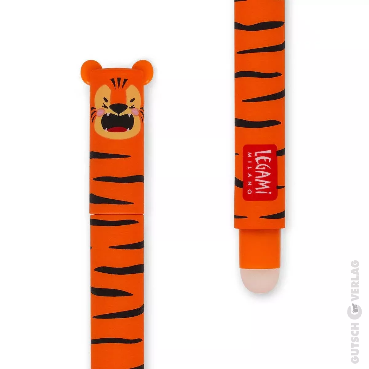 Farbenfroher orangefarbener Tiger-Stift mit verspieltem Design und weißer Kappe, ideal für den Einsatz in der Schule oder im Büro.