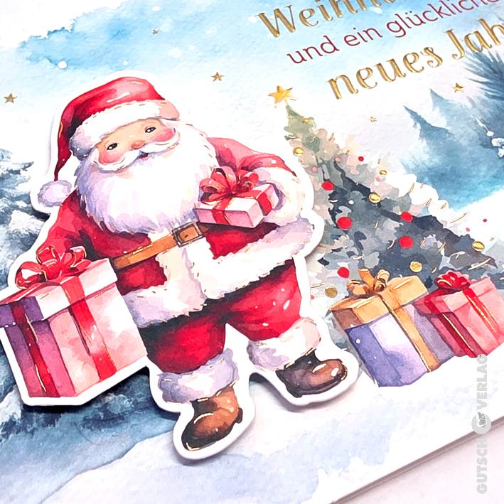 Eine Aquarellillustration des Weihnachtsmanns mit Geschenken vor einem festlichen Winterhintergrund mit einem Weihnachtsbaum.