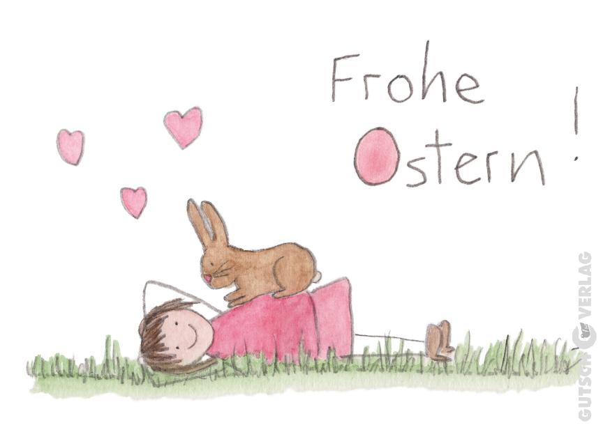 Ein Kind liegt mit einem Hasen im Gras, umgeben von Herzen, und feiert fröhlich Ostern.