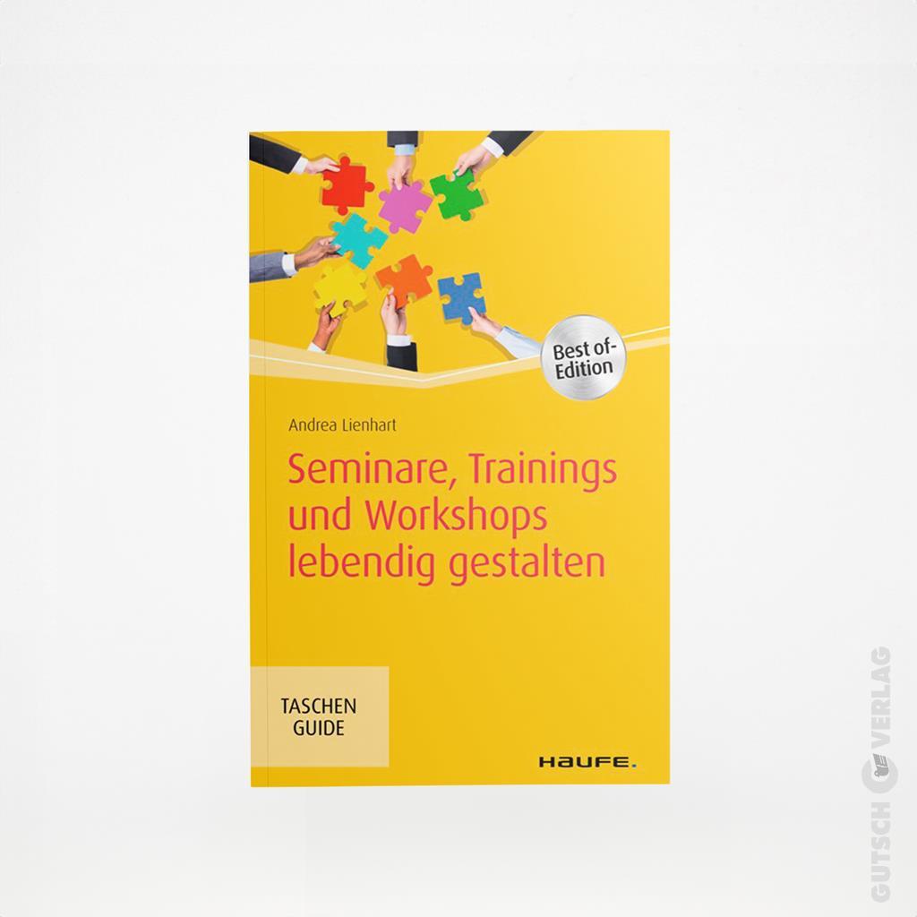 Buchcover von „Seminare, Trainings und Workshops lebendig gestalten“ von Andrea Lienhart mit bunten Puzzleteilen.