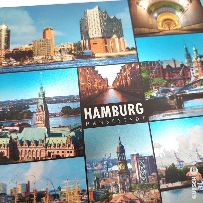 Collage aus Hamburger Stadtansichten, die berühmte Wahrzeichen und Ausblicke auf das Wasser in leuchtenden Farben zeigt.