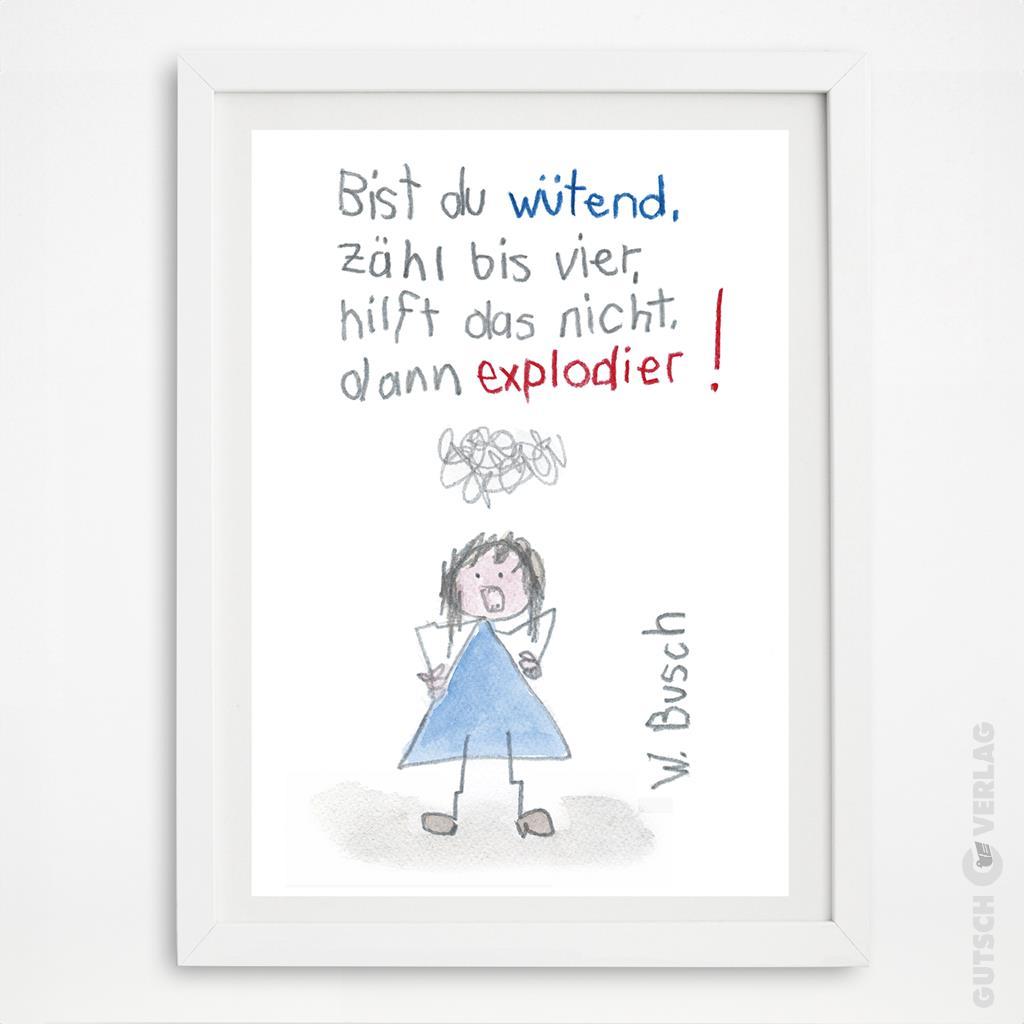 Eine Kinderzeichnung eines wütenden Mädchens in einem blauen Kleid mit Text darüber, wie man bis vier zählt, bevor es explodiert.