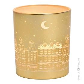 Windlicht mit Stadthäuser Dekor aus Glas Gold