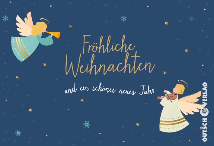 Zwei Cartoon-Engel auf dunkelblauem Sternenhintergrund, einer spielt Trompete und der andere eine kleine Geige.
