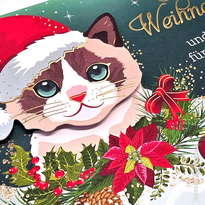 Eine Nahaufnahme einer Weihnachtskarte mit einer süßen Katze mit Weihnachtsmütze, umgeben von Weihnachtssternen, Stechpalmen und Kiefern.