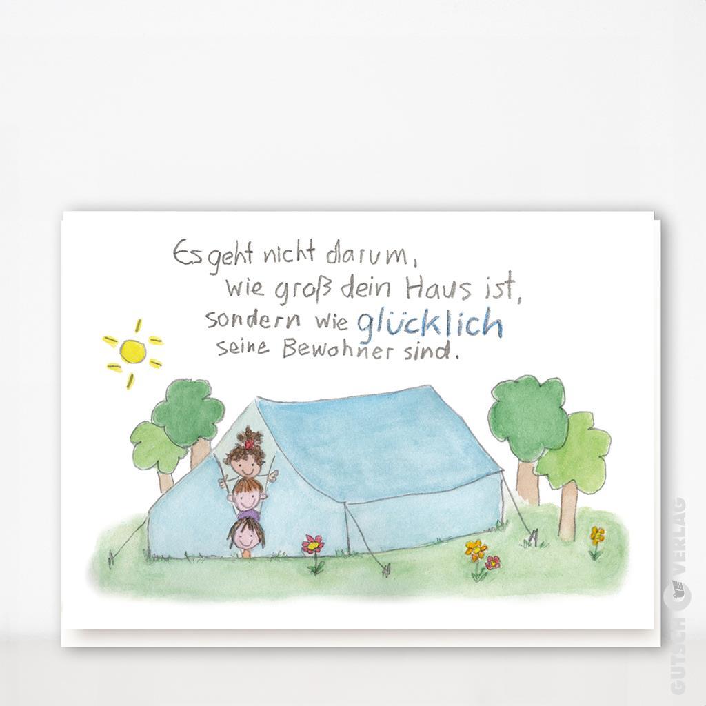 Illustration von Kindern, die vor einem blauen Zelt mit Bäumen und Blumen spielen, wobei das Glück wichtiger als die Größe ist.