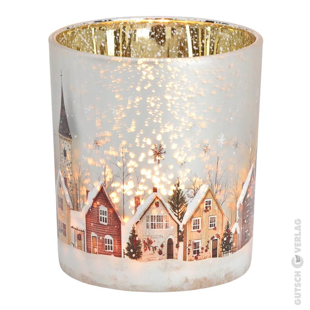 Farbenfrohes Windlicht aus Glas mit Häuser