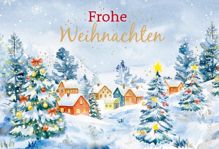 Eine Aquarellillustration eines verschneiten Dorfes mit geschmückten Weihnachtsbäumen und dem Text Frohe Weihnachten darüber.