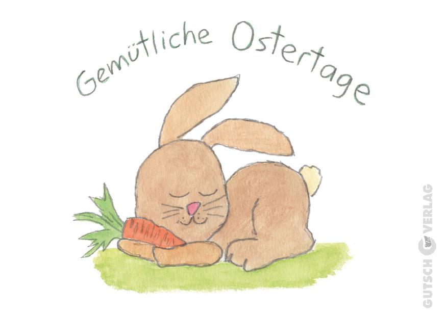 Ein niedlicher Cartoon-Hase, der mit einer Karotte ruht, umgeben von grünem Gras und dem Text „Gemütliche Ostertage“.