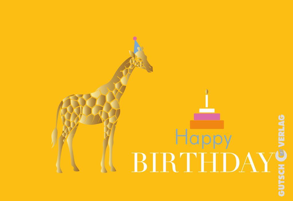 Eine goldene Giraffe mit kleinem Partyhut steht neben einer stilisierten Geburtstagstorte auf leuchtend gelbem Hintergrund.