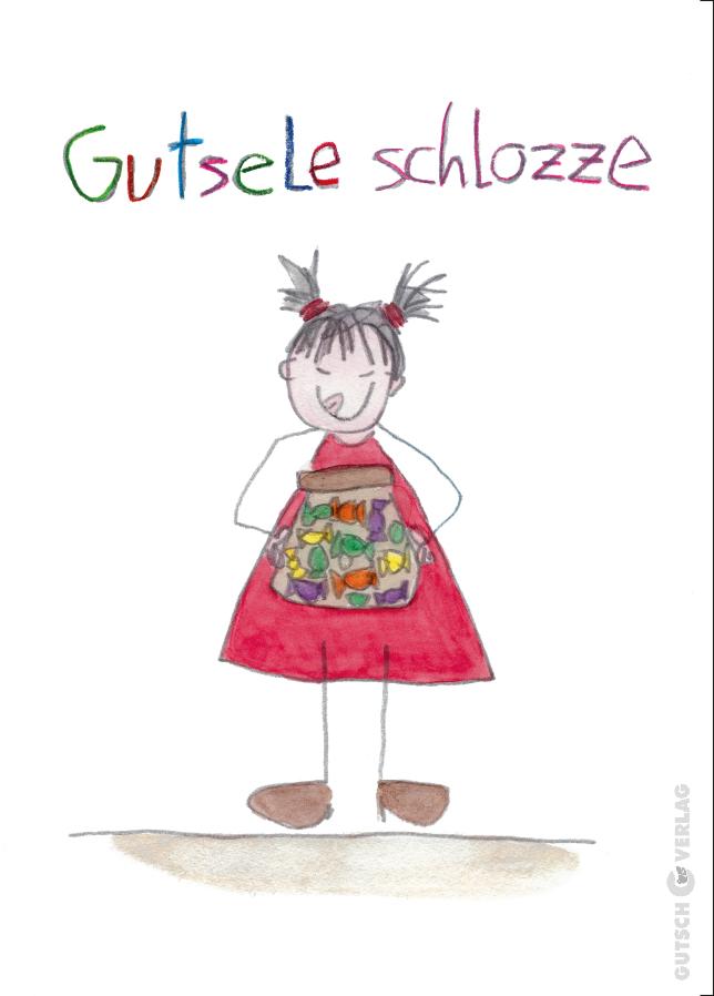 Ein fröhliches Mädchen in einem roten Kleid hält ein Glas voller bunter Süßigkeiten in der Hand und lächelt glücklich.