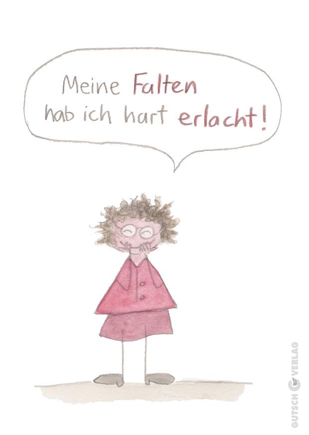 Eine skurrile Illustration einer lächelnden Figur mit lockigem Haar, die ihre Freude über das Altern und das Lachen zum Ausdruck bringt.