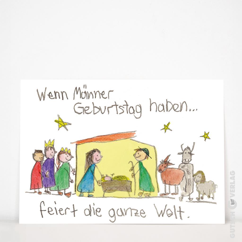 Eine farbenfrohe Illustration, die eine Weihnachtskrippe zeigt, die einen Geburtstag mit verschiedenen Figuren und Tieren feiert.