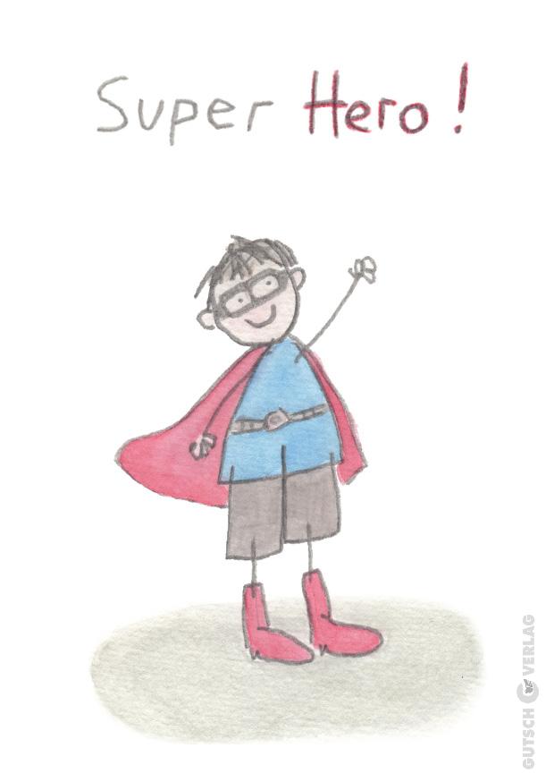 Ein als Superheld verkleidetes Kind mit Umhang und Maske, das selbstbewusst lächelt und in einer verspielten Illustration posiert.