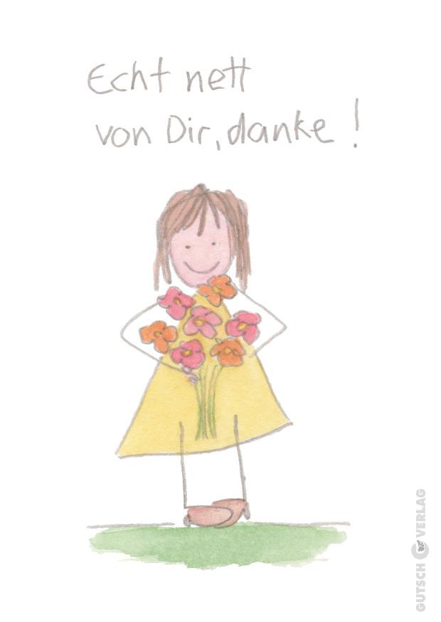 Ein fröhliches Mädchen in einem gelben Kleid hält einen Strauß bunter Blumen in der Hand und lächelt im Gesicht.