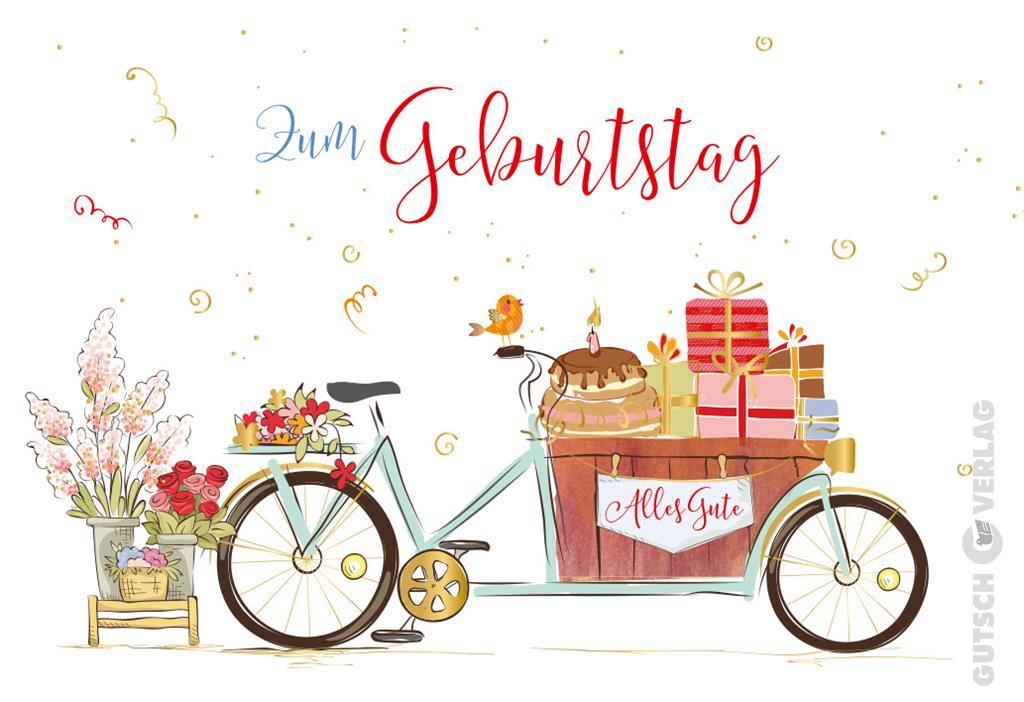 Ein hellblaues Lastenfahrrad trägt eine Geburtstagstorte und Geschenke, daneben Blumen vor einem festlichen weißen Hintergrund.