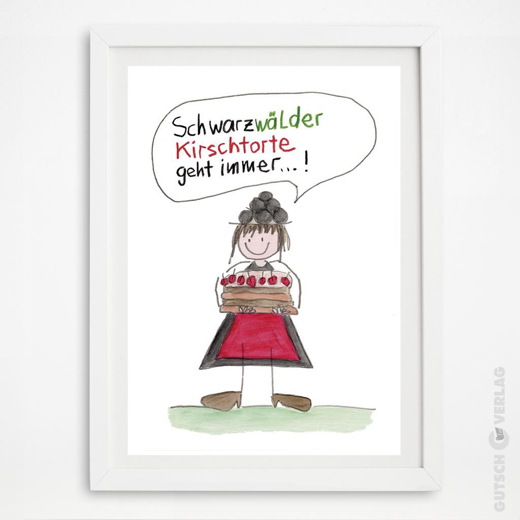 Eine kindliche Zeichnung eines Mädchens, das eine Schwarzwälder Kirschtorte hält, mit einer Sprechblase über den Nachtisch.
