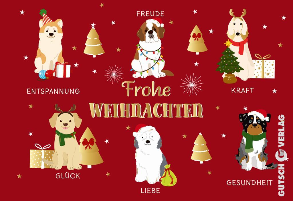 Ein festlicher roter Hintergrund zeigt fünf niedliche Hunde in Weihnachtskleidung, geschmückte Bäume, Geschenke und Feiertagstextetiketten.