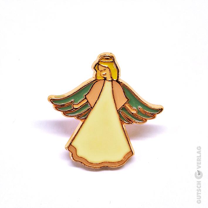 Bunte Engelsnadel aus Emaille mit goldenem Umriss, Flügeln und Heiligenschein, ideal für Accessoires und Geschenke.