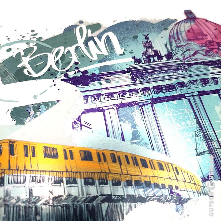 Künstlerische Illustration von Berlin mit dem Brandenburger Tor und einer gelben U-Bahn.