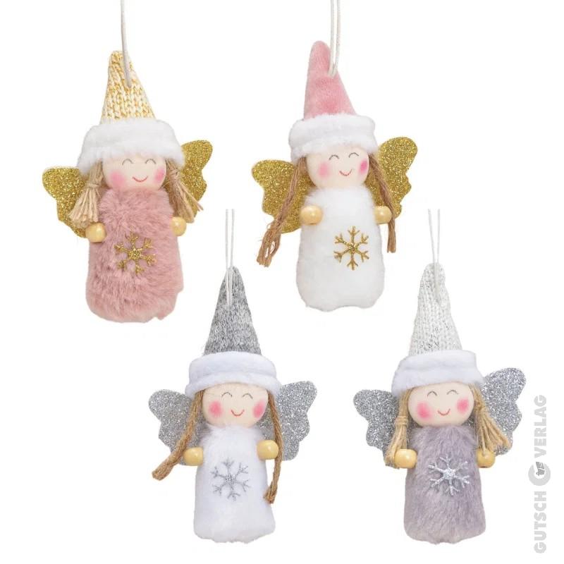 4-fach Weihnachtshänger Engel aus Textil in Rosa/Weiß/Silber/Grau