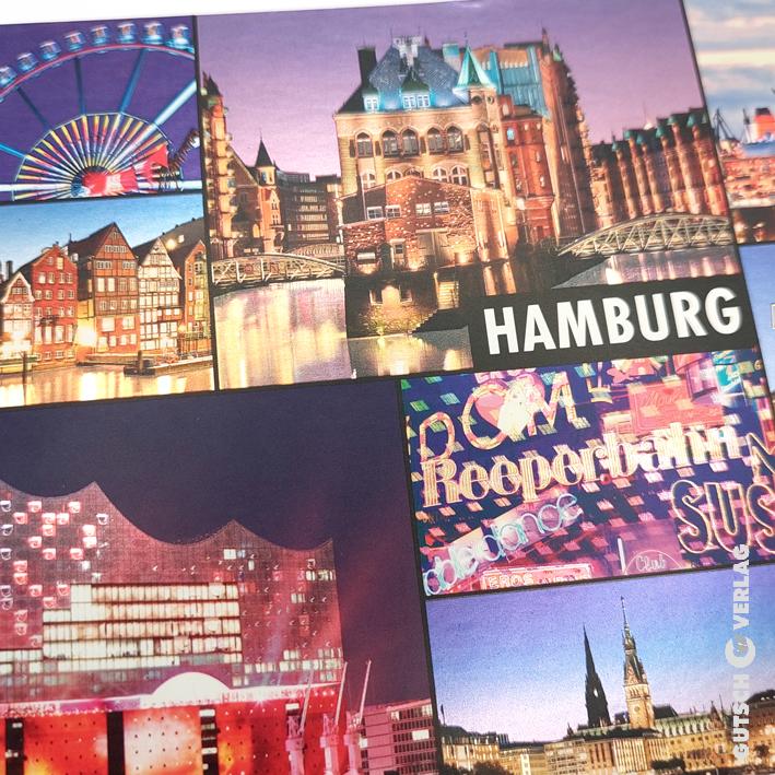 Collage berühmter Hamburger Wahrzeichen wie der Elbphilharmonie und historischer Gebäude entlang der Uferpromenade.