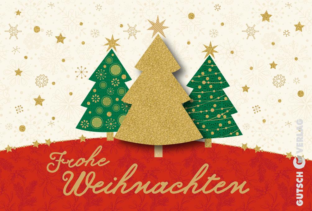 Festliche Weihnachtskarte mit drei dekorativen Bäumen und dem Text „Frohe Weihnachten“ auf gemustertem Hintergrund.
