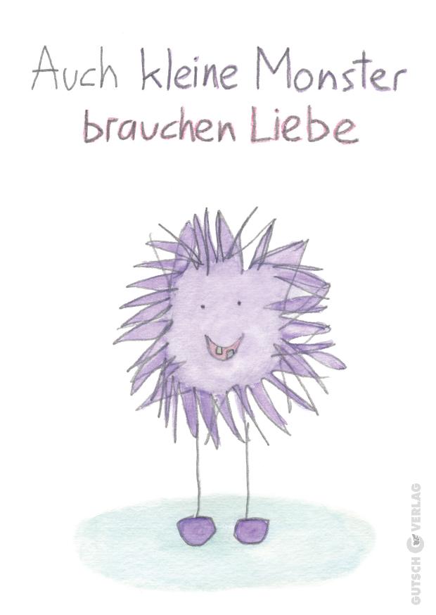 Ein süßes lila Monster mit stacheligen Haaren und einem lächelnden Gesicht, das betont, dass auch kleine Monster Liebe brauchen.