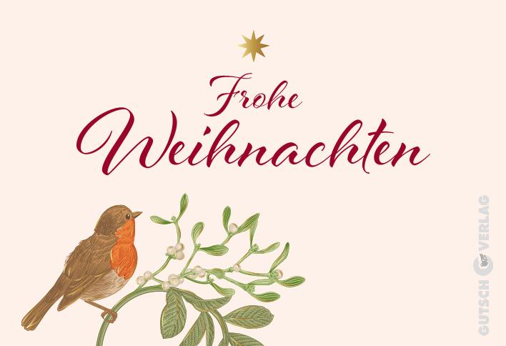 Eine festliche Illustration zeigt ein Rotkehlchen, das auf einem Mistelzweig unter einem goldenen Stern thront, und den Text „Frohe Weihnachten“.