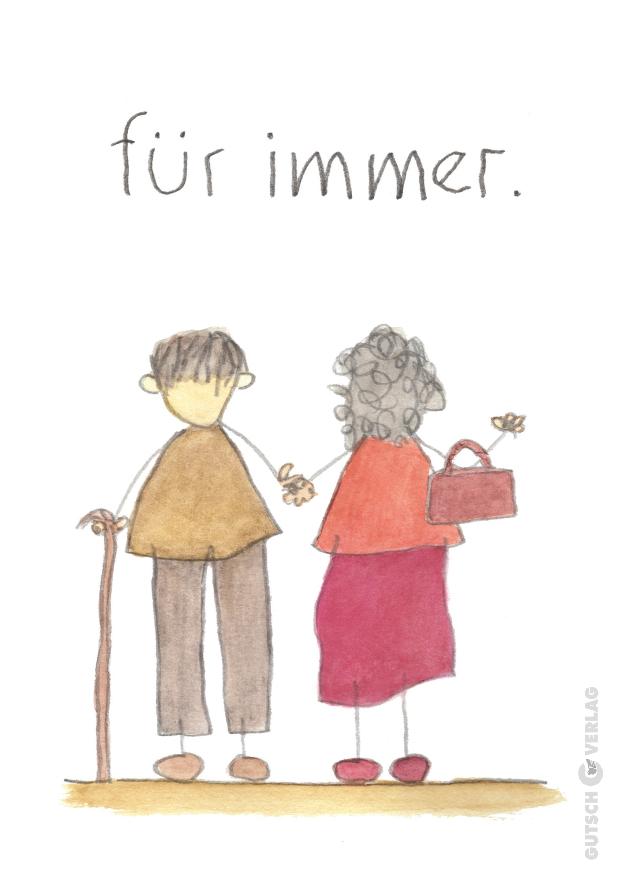 Eine einfache Aquarellzeichnung eines älteren Paares, das sich an den Händen hält, wobei der Mann einen Stock benutzt und die Frau eine Tasche trägt.