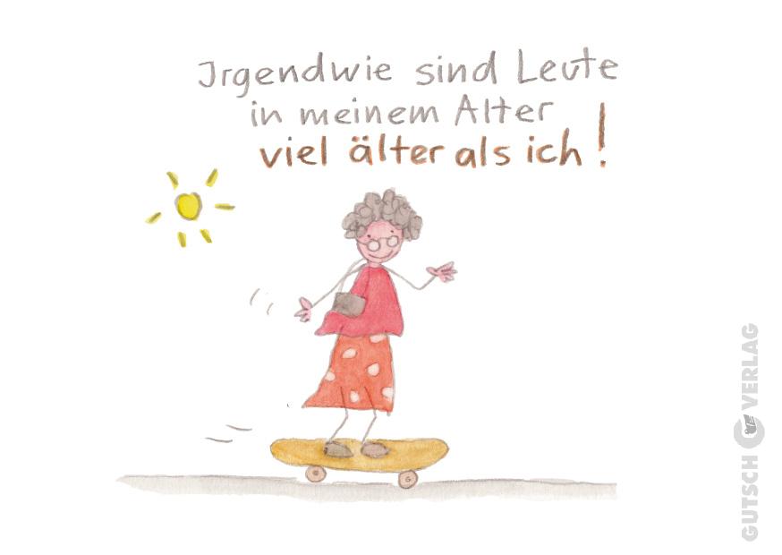 Eine fröhliche ältere Frau, die in einer sonnigen Umgebung Skateboard fährt und Freude und Vitalität ihres Alters zum Ausdruck bringt.